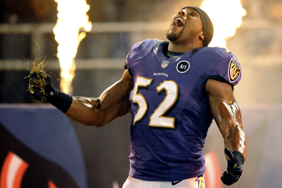 Ray Lewis clenched part of the turf in his right hand whilst tilting his head to the sky and letting out a roar. Pyrotechnics had been let off in the background.