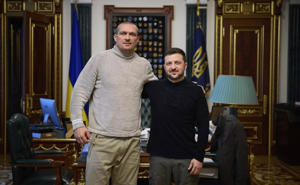 This photo shows Oleksandr Usyk with the president of Ukraine Volodymyr Zelenskyy.